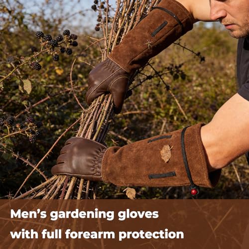 Aegend Gardening Gloves Men, Long Elbow Cuff with Adjustable Strap, Sun & Dirt Protection, Cowhide Leather, Breathable & Comfortable Yard Work, Fit Large Hands for Gardeners (Brown, XL) - color: Brown, size: X-Large