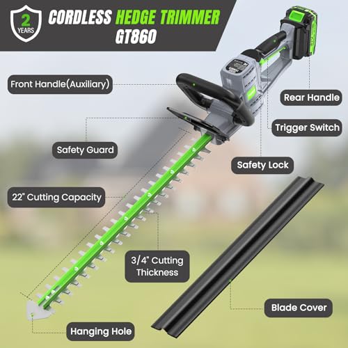 Hedge Trimmer Cordless 22" - 2 x 21V Batteries & Fast Charger, Easy to Use - color: Green