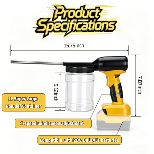 Electric Powder Duster for Diatomaceous Earth Compatible with 20V Dewalt Battery (Battery Not Included), 4-Speed Adjustable Cordless Powder Sprayer, 1L Large Capacity Dust Applicator
