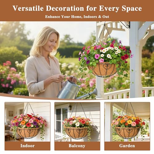 4 Pack Hanging Planter for Outdoor Plants 14 inch Metal Hanging Flower Basket with Coco Coir Liner Round Wire Plant Holder Chain Flower Pots Outdoor Garden Decoration Watering Hanging Baskets(AX) - size: 14" x 4 Pack, style: Heart-shaped