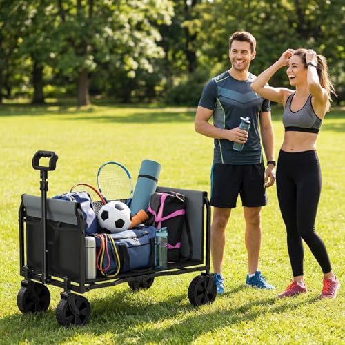 Portable Collapsible Wagon, Foldable Cart with Removable Side - color: Dark Black