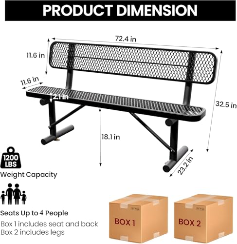 6 Feet Heavy Duty Metal Park Bench for Outside, Outdoor Bench with Backrest & Portable Frame, Commercial Benches for Shopping Malls, Stores, Parks, Patios, Decks, Black - color: Black, size: 6 FT