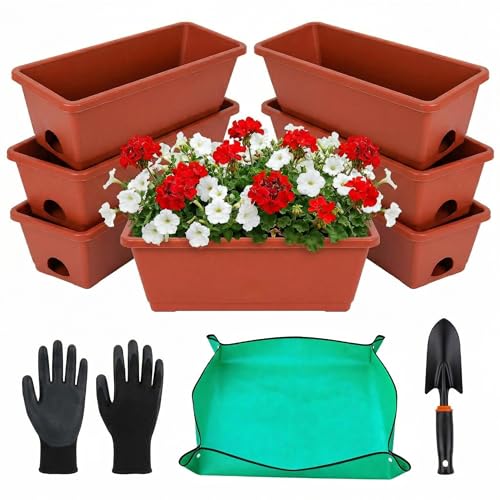 Red Window Box Planters, 7 Pack Rectangular Plastic Flower Planters Boxes with Saucers, 17 Inches Vegetable Planting Pots for Indoor Outdoor Garden, Patio, Windowsill, Home Decor