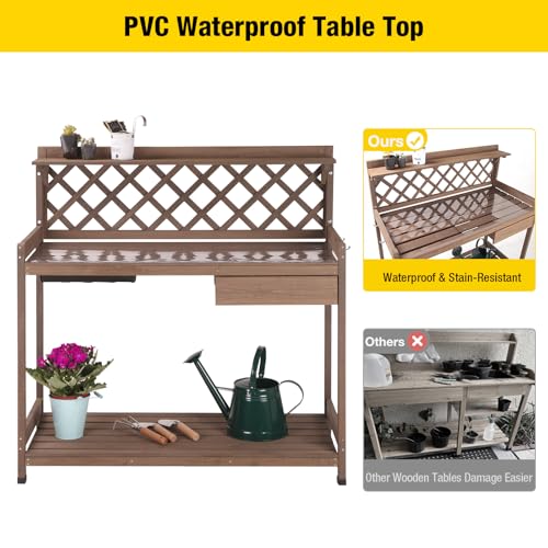 Aivituvin Potting Bench Outdoor with PVC Layer Wooden Planting Table with Sink & Lid Gardening Work Bench with Drawer, Shelf, Hook