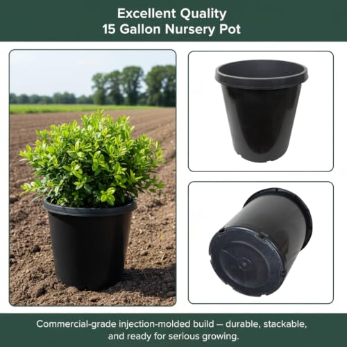 Green Oasis 15 Gallon Nursery Pots (5-Pack) - Premium Injection Molded Black Plastic Plant Pots, Heavy Duty Commercial Grade with Drainage Holes - Perfect for Large Trees, Shrubs & Vegetables