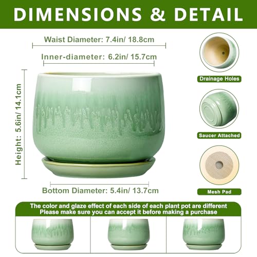 Ceramic Pots for Plants - 7 Inch Planters for Indoor Plants, Round Ceramic Plant Pot with Drainage Hole and Saucer, Decorative Planters, Rustic Home Decor, Plant Gifts for Women, Green - size: 7 Inch, style: Green