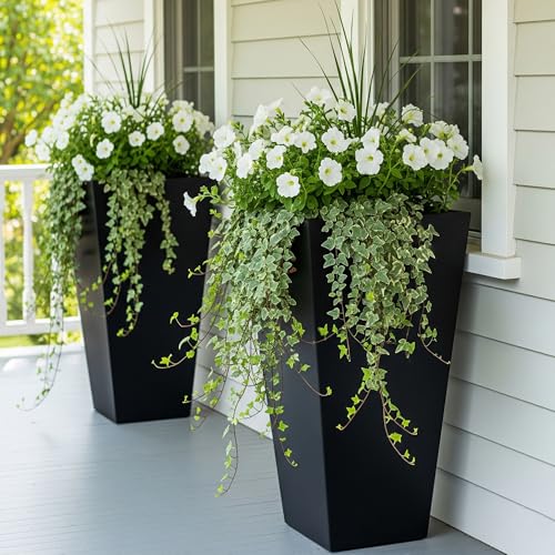 Worth Garden Large 28 in.Tall Planters Set of 2 for Indoor and Outdoor, Heavy Duty Plastic Black Modern Taper Flower Plant Pots with Drainage Hole and Dual-Purpose Tray for Front Porch, Patio - color: Black