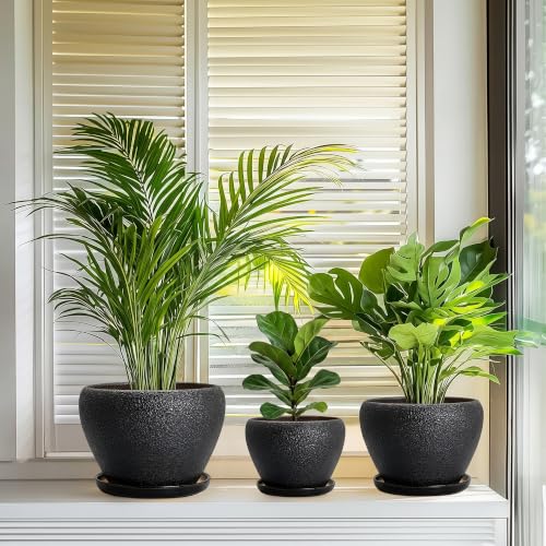10+8+6 Inch Ceramic Planter, Ceramic Plant Pots, Relief Black - color: Relief Black