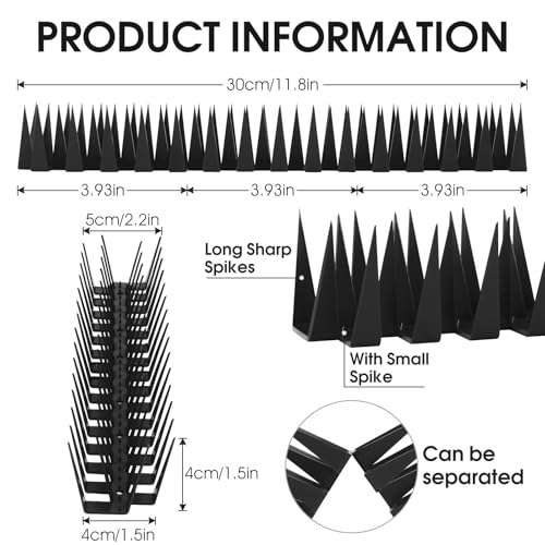 Bird Spikes, 60 Pack Bird Deterrent Spikes for Outside, Pigeon Squirrel Raccoon Cat Anti Climb Spikes, Durable Plastic Animal Barrier for Fence Roof Balcony Railing 60 Feet(18m) - color: Black, size: 60 Feet