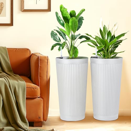 FENCY Self Watering Tall Planters Set of 2, White Round - color: White-round Ribbed