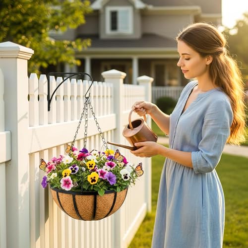 4 Pack 12 inch Metal Hanging Baskets Round Wire Plant Stand with Coco Lining Cushion Black Metal Chain Decorative Planter Hanger Garden Indoor Outdoor Porch Watering Hanging Basket - color: Flat Iron