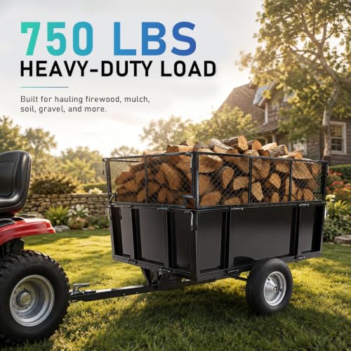 19 Cu Ft Tow Behind Garden Cart, 750 LBS Heavy Duty Steel Utility Dump Cart Trailer with Quick Dump, Removable Mesh Sides & Pneumatic Tires, Pull-Behind Yard Cart for ATV UTV Lawn Tractor