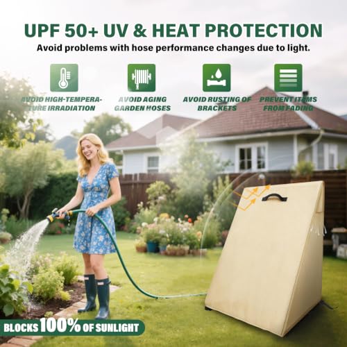 Veranda Patio Free Standing Portable Garden Hose Reel Cover,Waterproof, Dustproof and Sun-Proof Protect Your Hose Reel and prolong its Life(26"W x25"D x 35"H) - color: Khaki - Two Wheels Hose Reel Cart Cover, size: 0-200FT