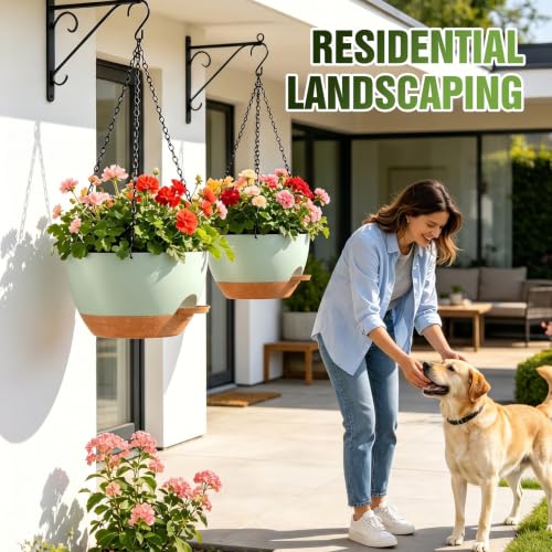 12 Inch Large Self Watering Hanging Planters 2 Pack with Saucers - color: Green Brown, size: 12 Inch 2 Pack