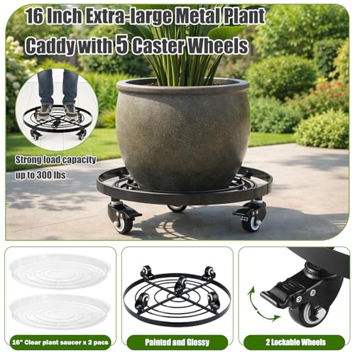 Planterhoma 2 Packs Extra-large 16 Inch Metal Plant Caddy Plant Dolly with Wheels Heavy-Duty Wrought Iron Rolling Plant Stand with Casters for Indoor and Outdoor Plant Pot Rollers Black - color: Black, size: 16"/ 2 packs