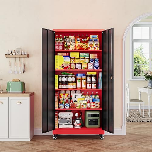 Letaya Metal Garage Storage Cabinets with Lock Door and Adjustable Shelves, Steel Tool Cabinets for Home,Office,Warehouse Organisieren (Black Red, 74.41" H) - color: Black Red, size: 16"D x 32"W x 74.41"H