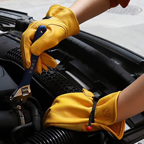 Leather Work Gloves for Men & Women, Reinforced Durable Gardening Gloves,Cowhide Work Gloves,Puncture & Cut Resistant - color: Golden With Buckle, size: Large