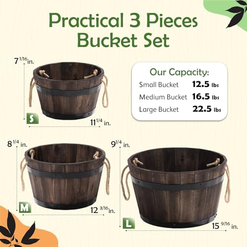Set of 3 Wooden Flower Boxes Outdoor, Durable Acacia Wood Barrel Planters for Outdoor Plants with Ergonomic Handles, Drainage Holes, Multiple Sizes Wood Bucket Planter for Home Décor - color: Dark Brown_round Wood Planter Pots_rope Handle