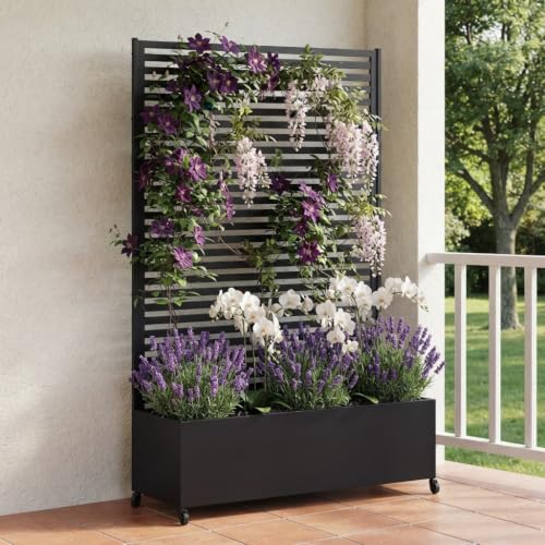 Metal Planter Box with Trellis Privacy Screen, Raised Garden Bed with Trellis & Wheels, Privacy Planters for Patio, Planter Box with Drainage Holes for Climbing Plants, 73"x 47"x 16", Black - color: Black, size: 73"x 47"x 16"