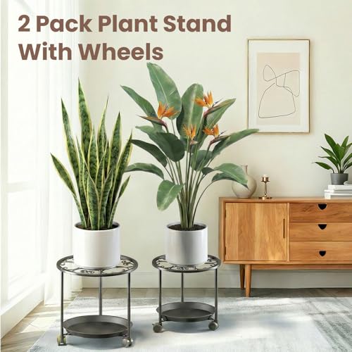 TOSKING 2-Pack Black Round Rolling Plant Caddies with Water Tray – Metal Stands with Wheels, Elegant Floral Pattern, for Indoor Planters (14" & 12") - size: Flo 14"&12"