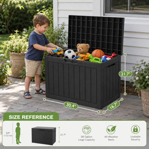 50 Gallon Outdoor Storage Box, Resin Deck Box for Patio Cushions, Garden Tools & Pool Accessories, Waterproof Lockable Storage Container, Weather Resistant Patio Storage Chest, Black - color: Black, size: 50 GAL New