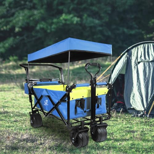 Foldable Wagon with Removable Canopy & Cooler Bag - Heavy Duty Collapsible Wagon Utility Cart with 4" All-Terrain Wheels for Camping, Beach, Garden - color: Blue-green