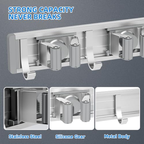 reliahom Broom Holder Wall Mount Mop Hanger Tools organizer 4Racks 5Hooks - color: Gray