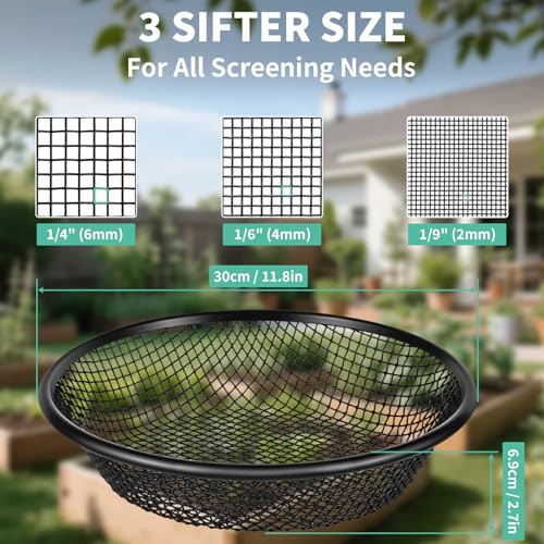 3 PCS Soil Sifter for Gardening,1/4,1/6,1/9 Inch Heavy Duty Rock Dirt Compost Sifter Fits 5 Gallon Bucket,Black Stainless Steel Fine Dirt Garden Sifter for Gravel,Filtering Compost