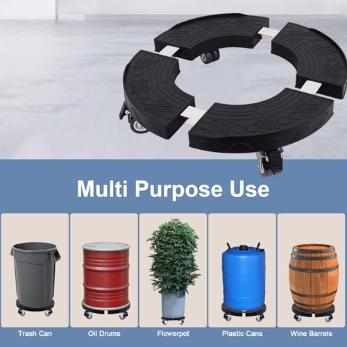 Commercial Products Trash Can Dolly with 4 Wheels - Adjustable 440lbs Load Capacity Heavy Duty Wheels for Barrel Dolly: 15-23 Inch Round - Multi Functional Plant Black