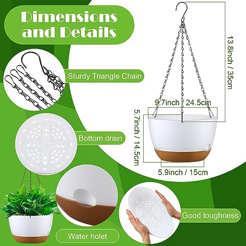 Remerry 6 Pcs 10 Inch Hanging Planter Hanging Plant Pot Plastic Round Hang Baskets for Plants Indoor Flower Pot with Drainage Holes Removable Trays for Garden Home Patio(White)