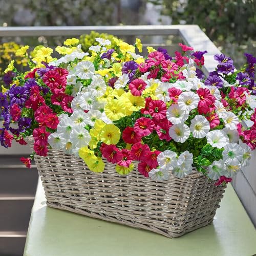 Artificial Fall Flowers Fake Plants for Outdoors Decor, 12 Bundles Silk Morning Glory with Eucalyptus Realistic UV Resistant Faux Flowers for Outside Planter Porch Yard Patio Garden Home Indoor, Mix - color: Multi Color (3 Fuchsia, 3 Purple, 3 Yellow, 3 W