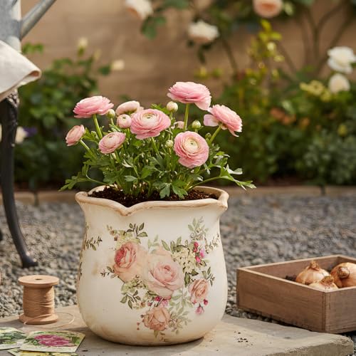 Ceramic Flower Vase, Rustic Farmhouse Vases & Planting Pots with Drainage - color: Ivory Blush Floral