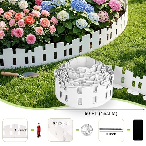 50FT Garden Edging Border, 4.5in White Picket Fence, 90 Flexible Stakes - size: 50FT-4.5inch-WAHIE