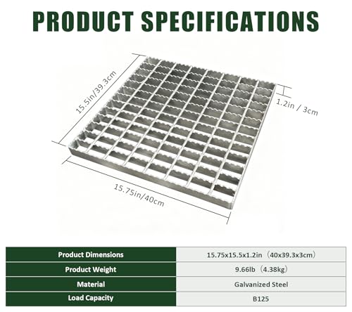 16in B125 Serrated Galvanized Steel Drain Grate (15.75x15.5 in) - size: 16x16in