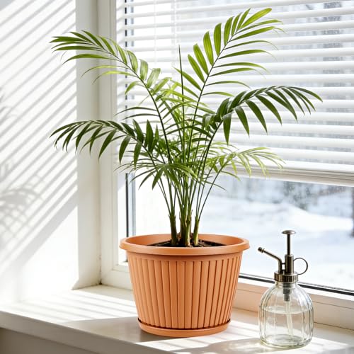 Large-Planter-Indoor-Outdoor Plant Pots, 12 inch 4 Pack Plastic Flower Pots with Saucer And Drainage Holes, Modern Garden Planters For Planting Medium Large Plants, Decorative Resin Garden Pots - color: Terracotta, size: 12 Inch