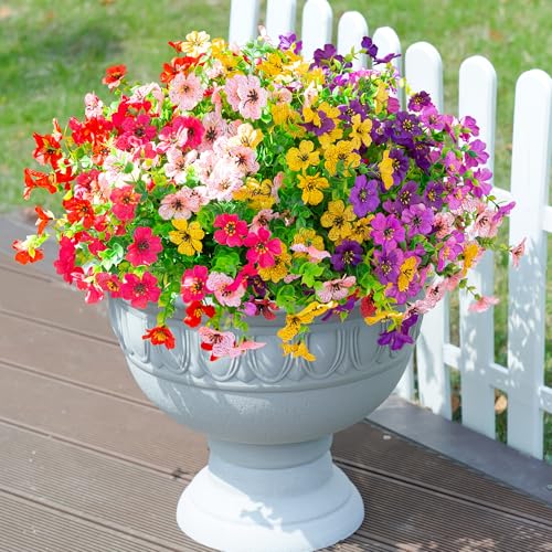Daisy Artificial Flowers for Outdoors Decor, 12 Bundles Faux Daisy with Eucalyptus Fake Plants Greenery UV Resistant Look Real Colorful Faux Flowers for Outside Planter Porch Patio Yard Gardens, Mix - color: 6 Color(2 Dark Purple+2 Pink+2 Red+2 Hotpink+2