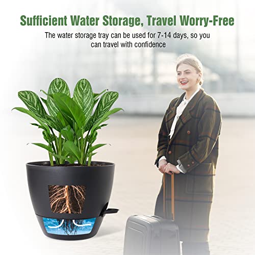 WOUSIWER 10 inch Self Watering Planters, 2 Pack Large Plastic Plant Pots with Deep Reservior and High Drainage Holes for Indoor Outdoor Plants and Flowers, Black - color: Black