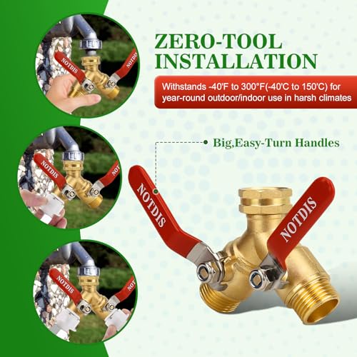 Hose Splitter 2 Way Heavy Duty Brass Garden Hose Splitter with 304 Stainless Steel Long Handle Outdoor Full Flow Hose Splitter Connector,Y Valve 3/4 Inch GHT Thread - style: Y way hose splitter