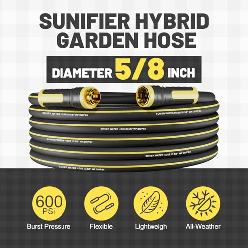 Hybrid Rubber Garden Hose 5/8 Inch, 25 ft Heavy Duty Kink-Free Water Hose, 3-Layer Reinforced, 600 PSI Burst Pressure, Water Safe, All-Weather Flexible Hoses for Yard, Lawn (Black,25 ft) - size: 25 ft