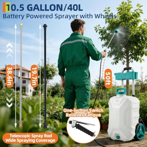 10.5 Gallon Wheeled Battery Sprayer, 12V 4Ah for Lawn & Garden - size: 10.5 Gal