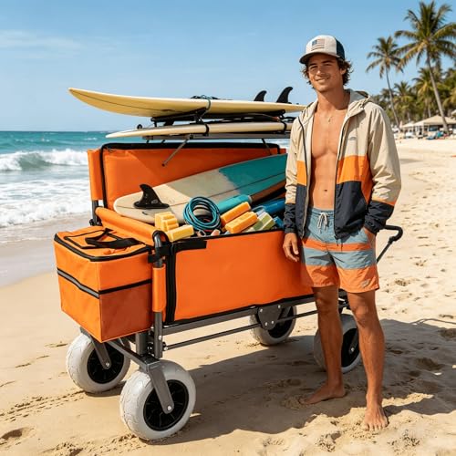 Collapsible Beach Wagons Carts Foldable with All-Terrain Wheels, Folding Wagon with Cooler Pack, Converts to Bench Seat, 500lbs, 180L Capacity for Grocery, Camping, Sports, Garden, Fish, Orange - color: Orange, size: 9" wheels