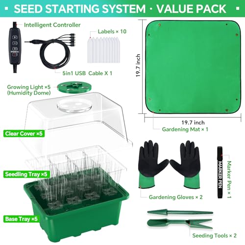 5-Pack Seed Starter Tray with Grow Light (Value Pack), 60 Cells, Friendly Seed Starter Kit for Beginners, Adjustable Brightness & Timing, Easy-to-Use Gardening Set for Seeds Germination
