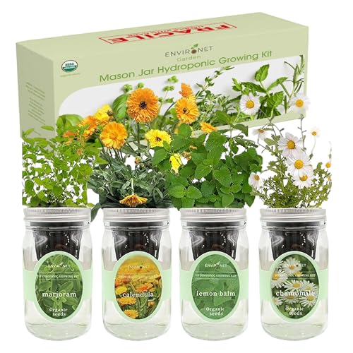 Hydroponic Herb Growing Kit Set, Self-Watering Mason Jar Herb Garden Starter Kit Indoor, Grow 4 Kinds of Herbs from Seeds (Calendula,Chamomile,Lemon Balm&Marjoram)