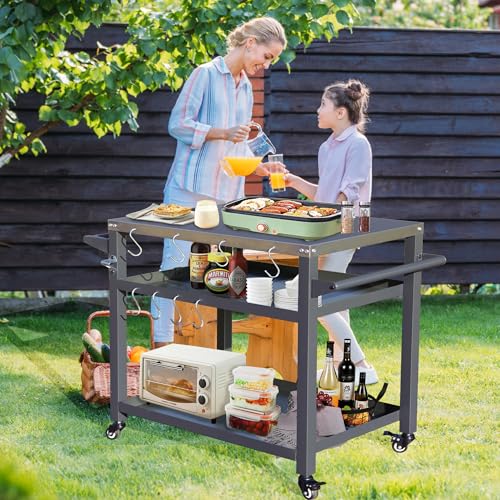 Domi 3-Shelf Outdoor Grill Table, Grill Cart Outdoor with Wheels, Pizza Oven and Food Prep Table, Blackstone with Stainless Steel Tabletop, BBQ Stand for Blackstone Griddle for Outside BBQ - style: Stainless Steel Tabletop+Solid Shelf