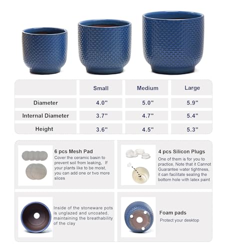 4 + 5 + 6 Inch Ceramic Pots for Indoor Plants, Succulents Plant Pots, Orchid Flower Pot with Drainage Hole, Modern Clay Stoneware Planters, Set of 3 (Dusty Blue, 4+5+6 Inch) - color: Dusty Blue