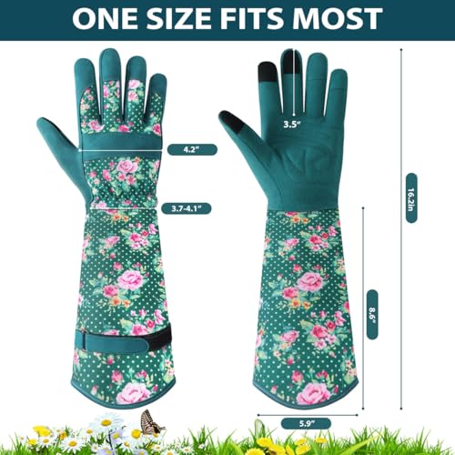 Gardening Gloves for Women, Long Garden Gloves with Grip, Thorn-Proof, Gift - color: Dark Green - Pink Flower