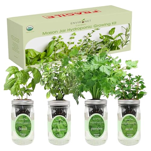 Hydroponic Herb Growing Kit Set, Self-Watering Mason Jar Herb Garden Starter Kit Indoor, Grow 4 Kinds of Herbs from Seeds (Basil, Mint, Parsley & Oregano)