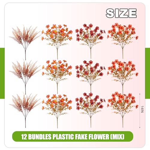 ADXORA 12 Bundles Fake Artificial Mums Fall Flowers for Outdoor Decoration - color: A5-orange, Autumn Red, Sunset Blush, Fernwood Autumn