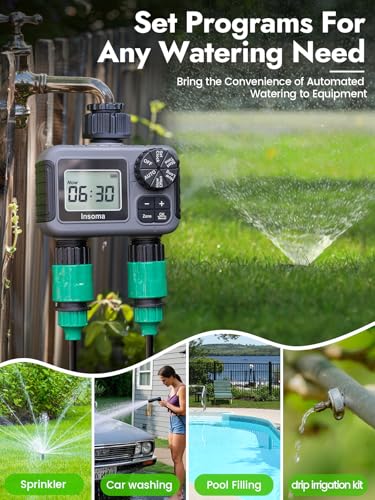 Insoma 2 Zone Water Timer, Programmable Irrigation Sprinkler Timer for Garden Hose, Outdoor Hose Faucet Timers with Rain Delay/Manual/Auto Modes, IPX5 Waterproof for Drip System & Lawn - size: 2 Zone-Plastic