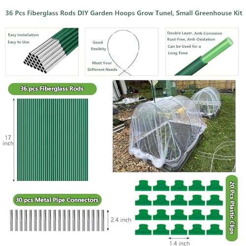 Garden Hoops Grow Tunnel, 6 Sets 8ft Rust-Proof Fiberglass Frame, 36pcs